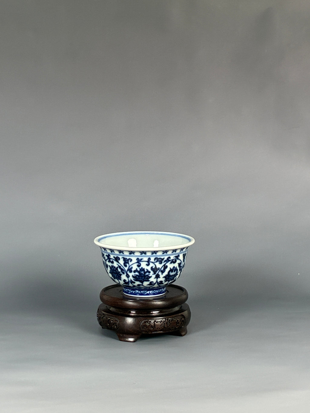 Jingdezhen Phoenix Kiln · Hand-Painted Blue & White Scrolling Lotus Tea Bowl