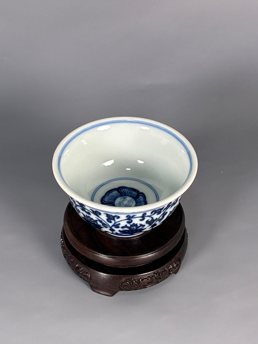 Jingdezhen Phoenix Kiln · Hand-Painted Blue & White Scrolling Lotus Tea Bowl