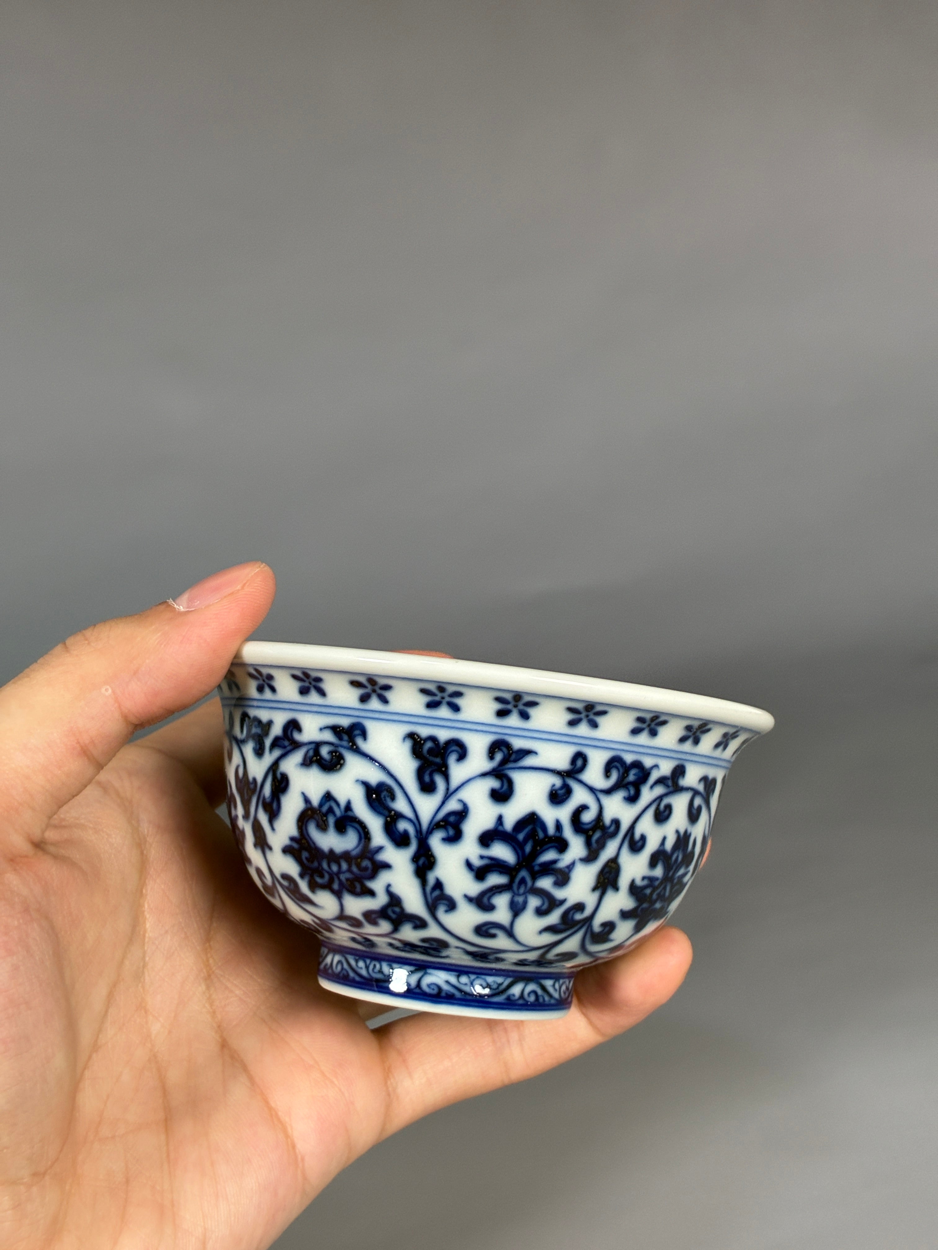 Jingdezhen Phoenix Kiln · Hand-Painted Blue & White Scrolling Lotus Tea Bowl