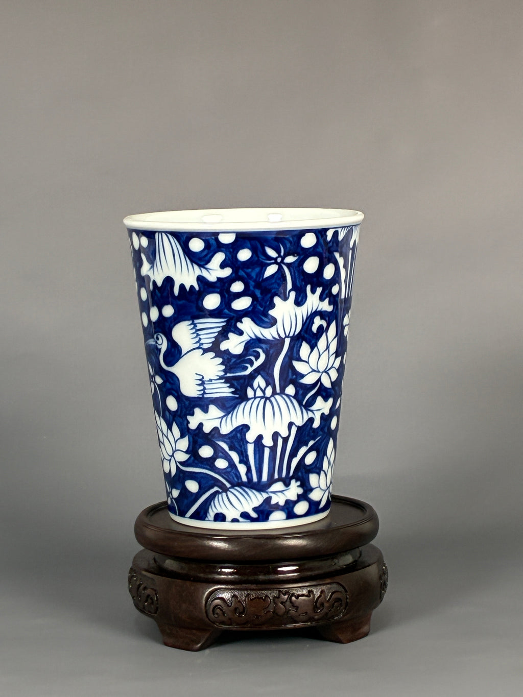 Jingdezhen Phoenix Kiln · Hand-Painted Blue & White Lotus & Egret Brush Pot