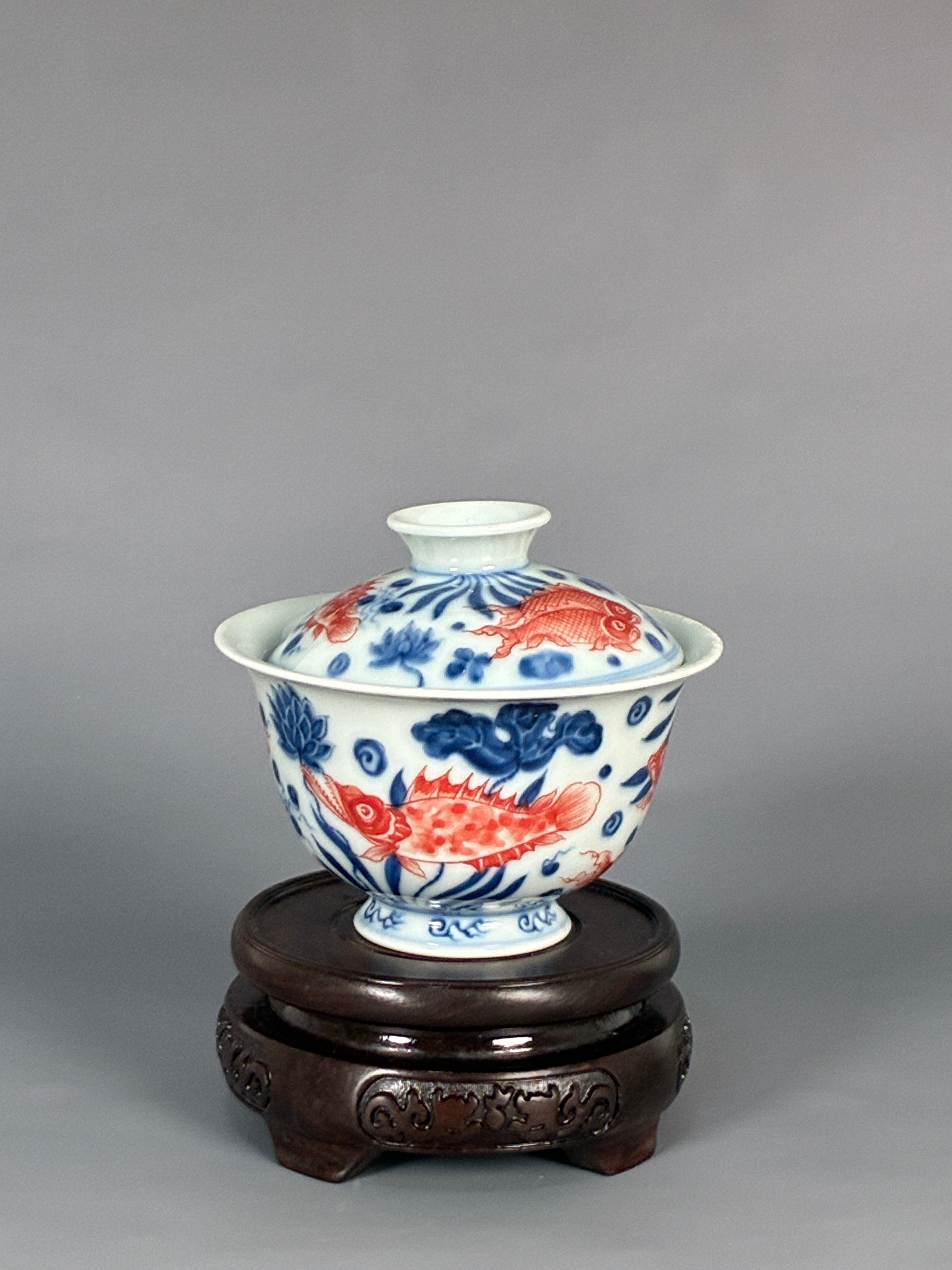 Jingdezhen Phoenix Kiln · Blue & White Underglaze Red Twin Koi Lotus Gaiwan