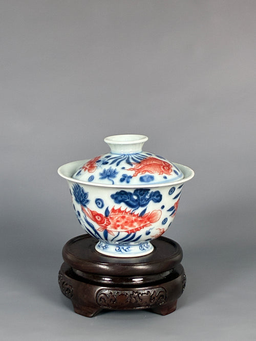 Jingdezhen Phoenix Kiln · Blue & White Underglaze Red Twin Koi Lotus Gaiwan