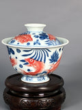 Jingdezhen Phoenix Kiln · Blue & White Underglaze Red Twin Koi Lotus Gaiwan