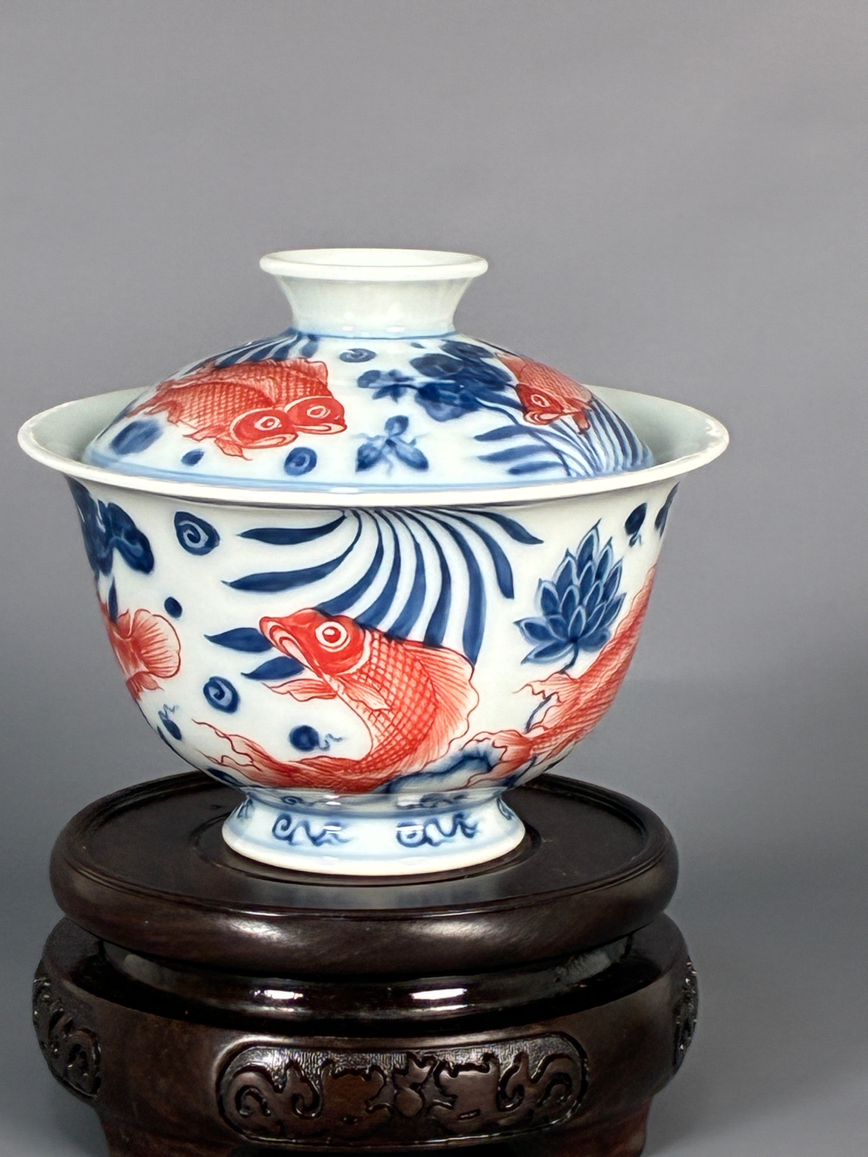 Jingdezhen Phoenix Kiln · Blue & White Underglaze Red Twin Koi Lotus Gaiwan