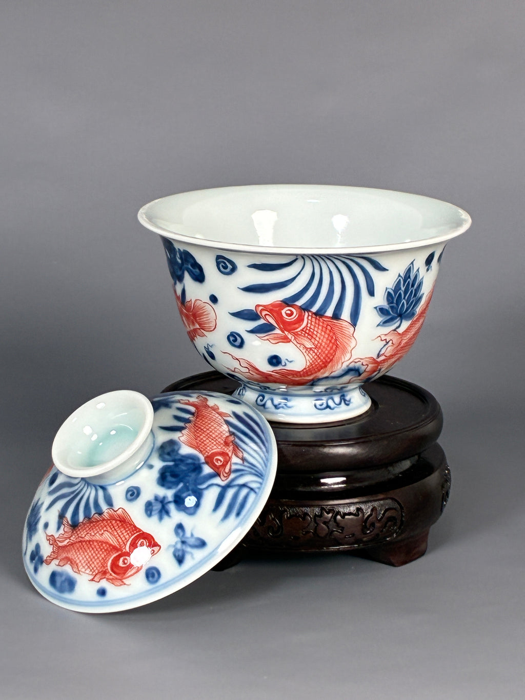 Jingdezhen Phoenix Kiln · Blue & White Underglaze Red Twin Koi Lotus Gaiwan