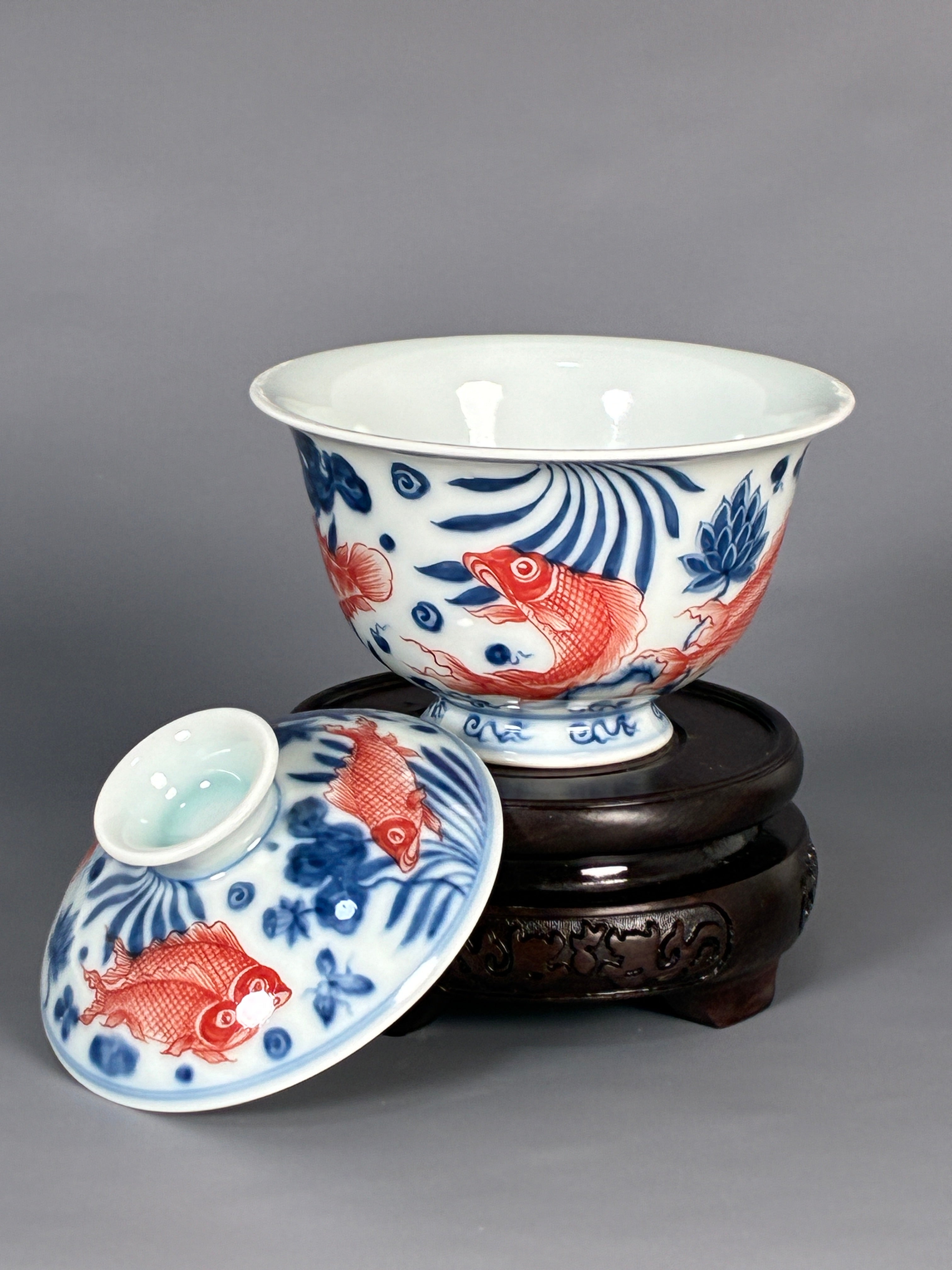 Jingdezhen Phoenix Kiln · Blue & White Underglaze Red Twin Koi Lotus Gaiwan