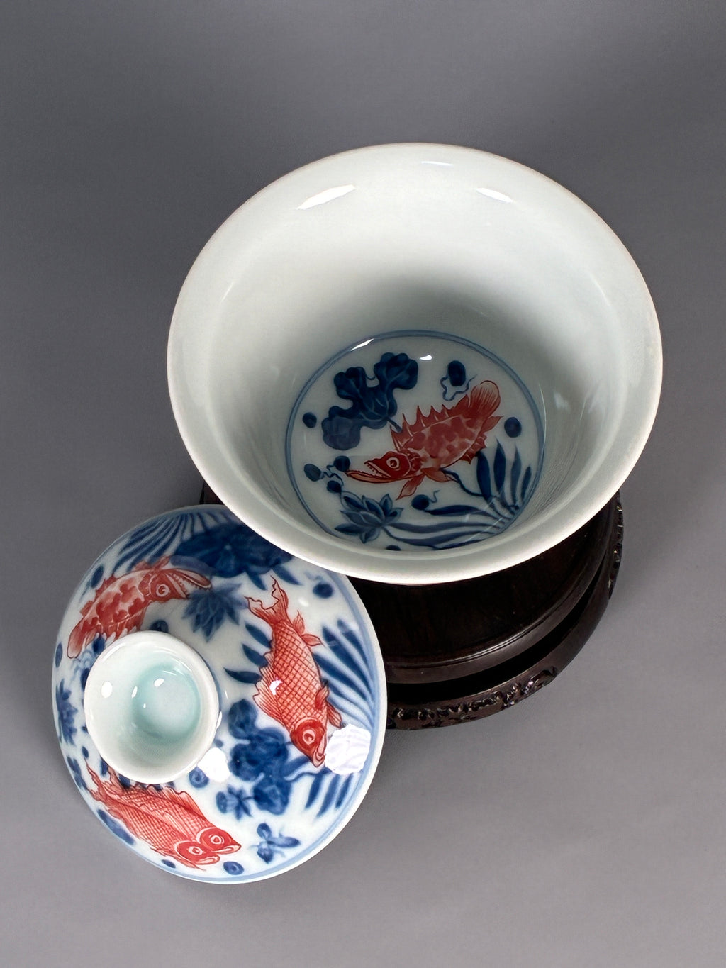Jingdezhen Phoenix Kiln · Blue & White Underglaze Red Twin Koi Lotus Gaiwan
