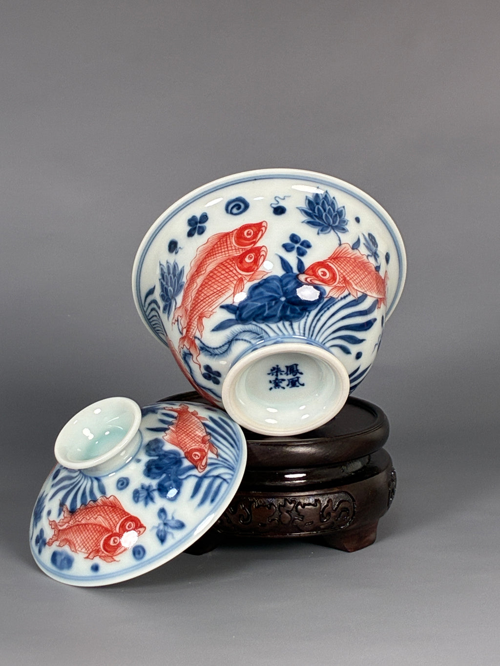 Jingdezhen Phoenix Kiln · Blue & White Underglaze Red Twin Koi Lotus Gaiwan