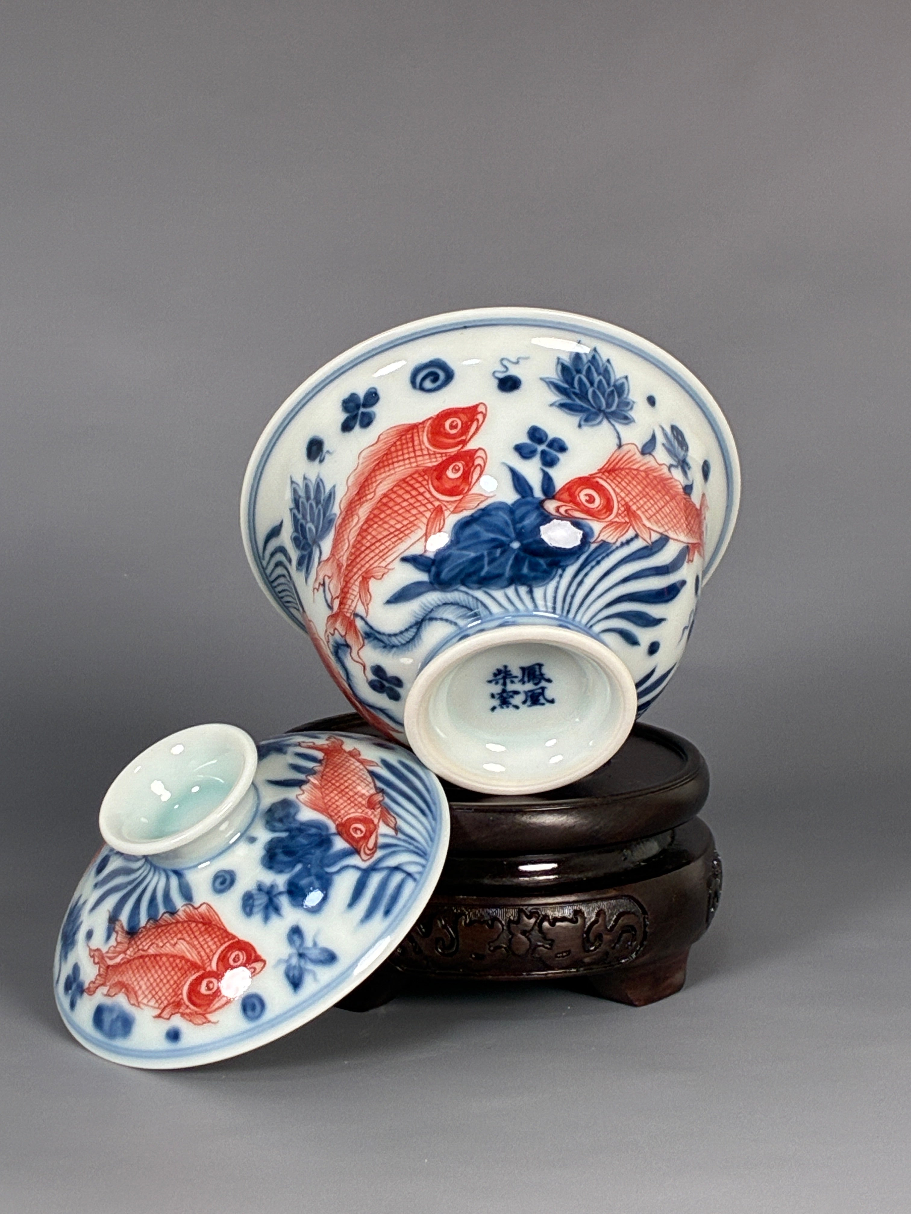 Jingdezhen Phoenix Kiln · Blue & White Underglaze Red Twin Koi Lotus Gaiwan
