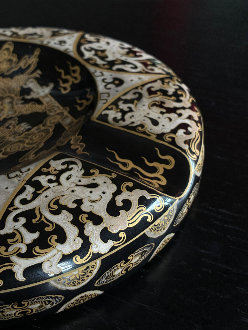 Handmade Jingdezhen Wood-Fired Porcelain Cigar Ashtray - Black & Gold Dragon Design