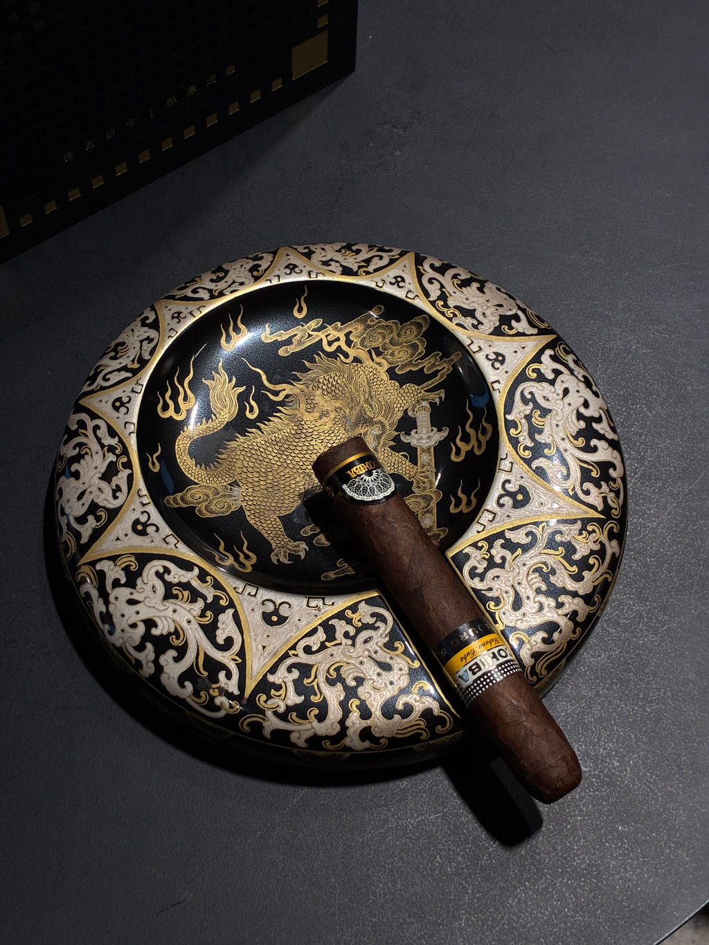 Handmade Jingdezhen Wood-Fired Porcelain Cigar Ashtray - Black & Gold Dragon Design
