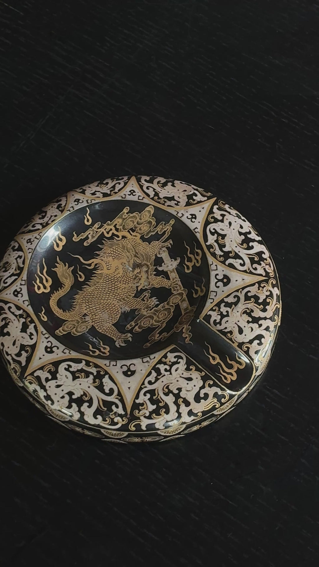 Handmade Jingdezhen Wood-Fired Porcelain Cigar Ashtray - Black & Gold Dragon Design