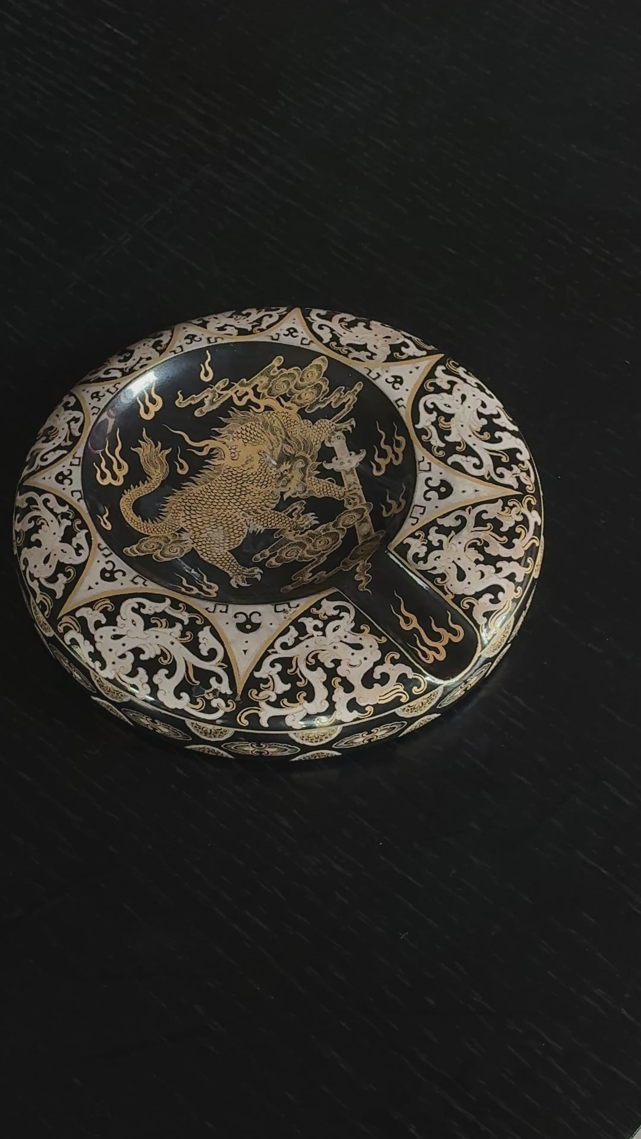 Handmade Jingdezhen Wood-Fired Porcelain Cigar Ashtray - Black & Gold Dragon Design