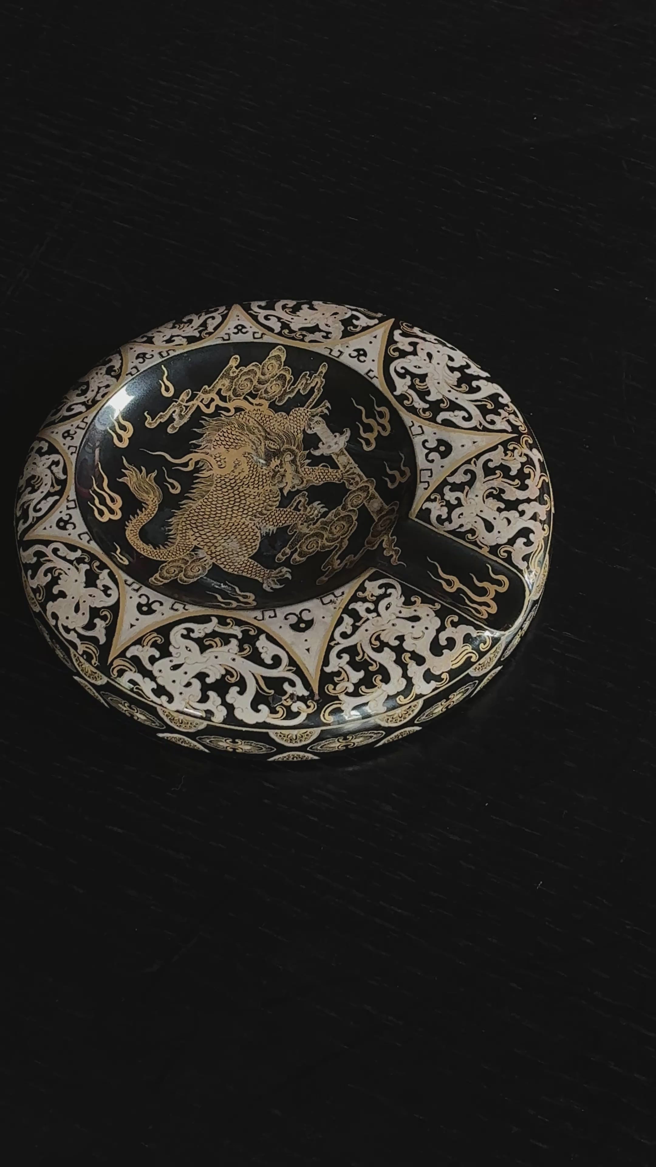 Handmade Jingdezhen Wood-Fired Porcelain Cigar Ashtray - Black & Gold Dragon Design